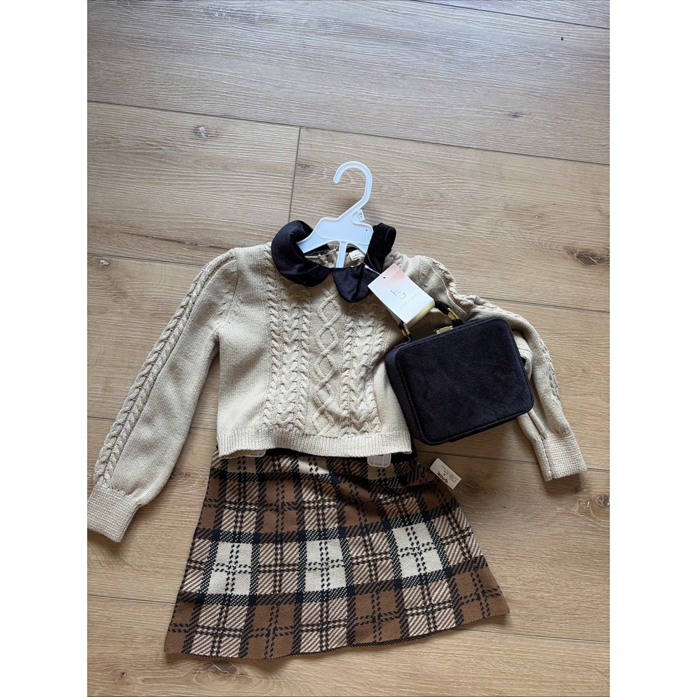 Happily Tan Cable Knit Sweater & Plaid Skirt Set w/ Velour Purse Girls XS 4 4t‎